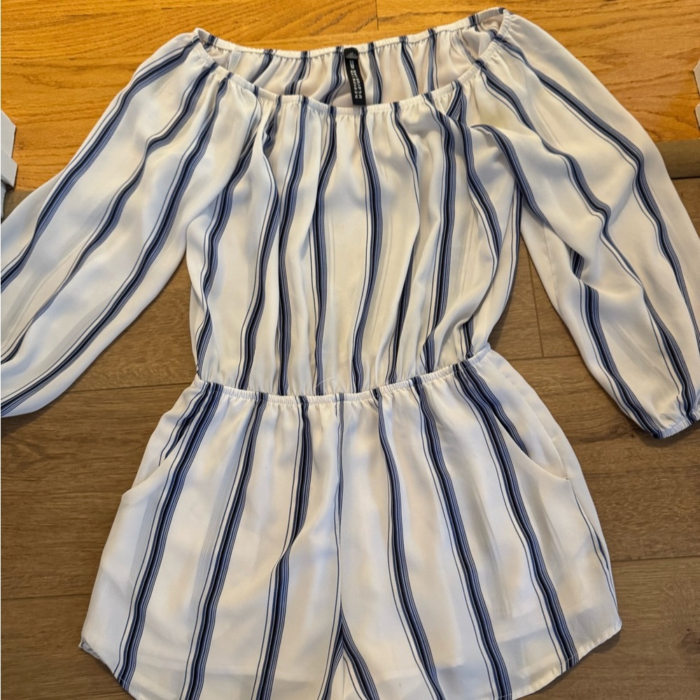 Design Lab Lord & Taylor Blue and White Off-Shoulder Romper